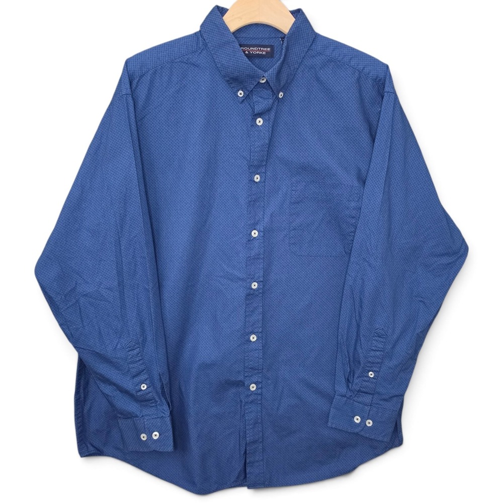 Roundtree & Yorke Shirt Mens XL Geometric Button Down Cotton Long Sleeve Blue
